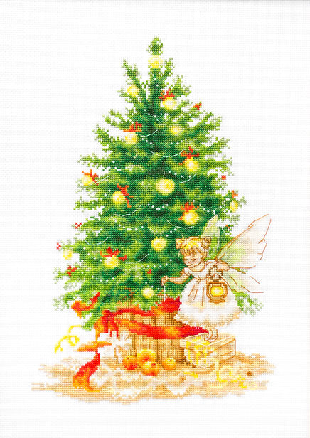 Christmas Tree B1117L Counted Cross-Stitch Kit featuring Aida canvas, colorful threads, and needle for holiday crafting.